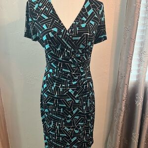 Liz Claiborne Size 4/6 Black and Turquoise Faux Wrap V-Neck Sheath Dress
